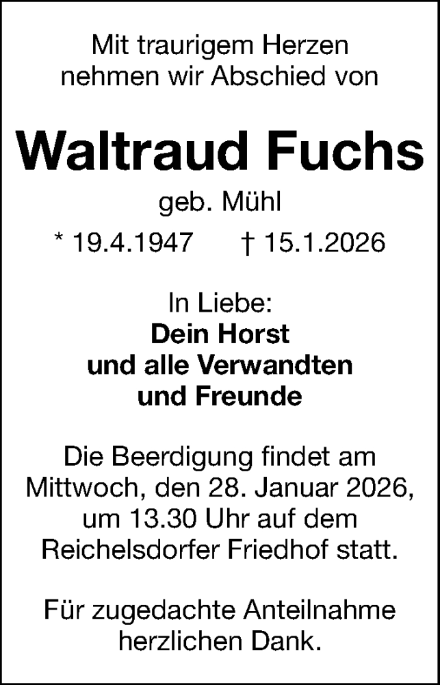  Traueranzeige für Waltraud Fuchs vom 24.01.2026 aus Gesamtausgabe Nürnberger Nachrichten/ Nürnberger Ztg.
