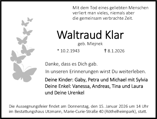 Traueranzeige von Waltraud Klar von Erlanger Nachrichten Lokal