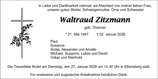 Traueranzeige von Waltraud Zitzmann von Nordbayer. Nachrichten Pegnitz/ Nordbayer. Nachrichten Forchheim