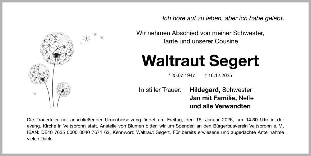  Traueranzeige für Waltraut Segert vom 10.01.2026 aus Fürther Nachrichten Lokal
