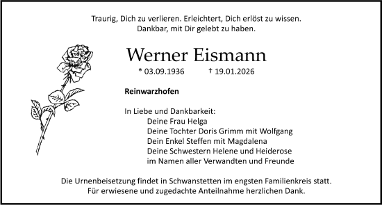 Traueranzeige von Werner Eismann von Gesamtausgabe Nürnberger Nachrichten/ Nürnberger Ztg.