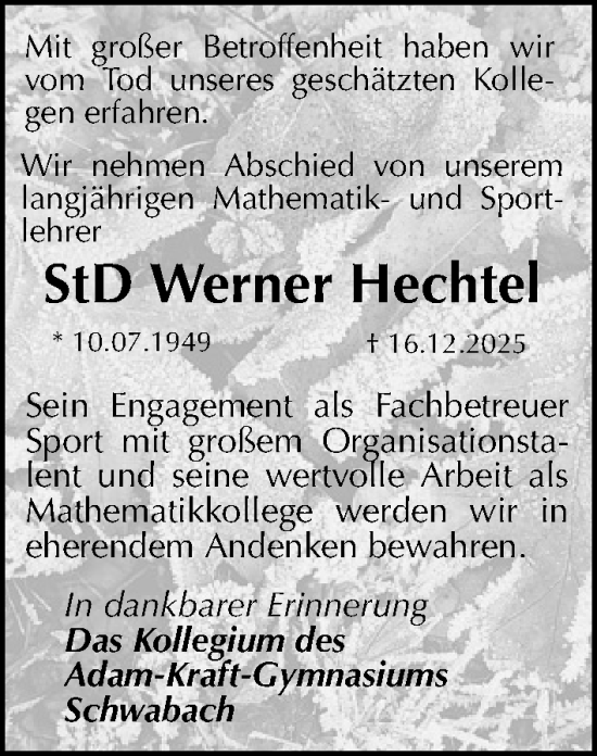 Traueranzeige von Werner Hechtel von Schwabacher Tagblatt Lokal