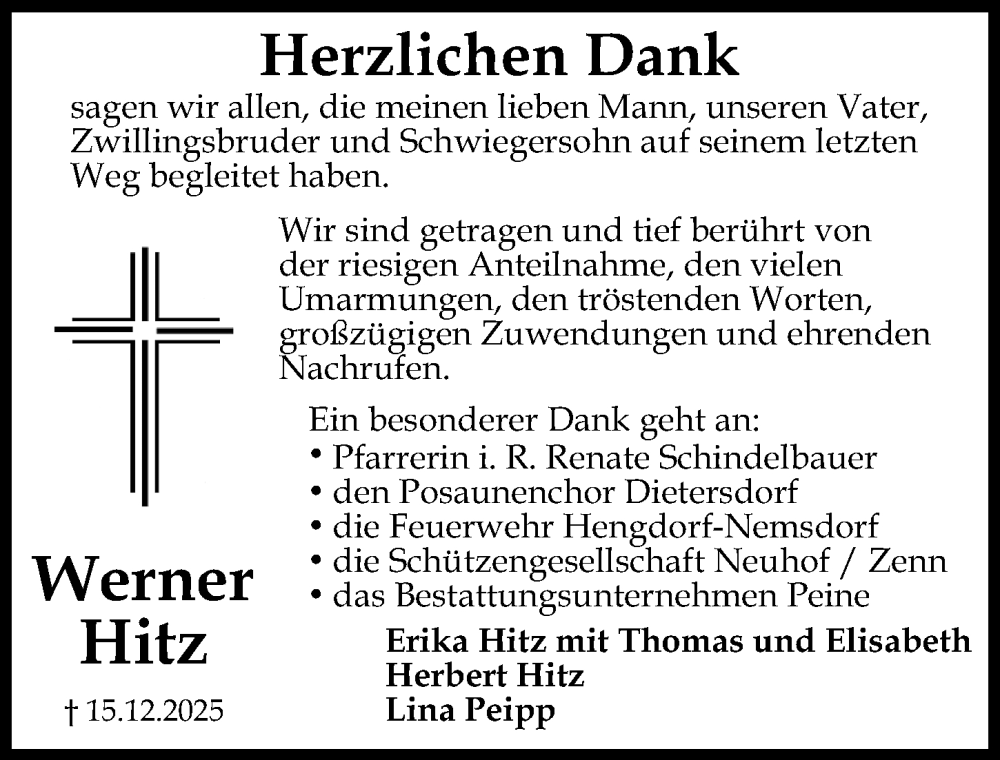  Traueranzeige für Werner Hitz vom 17.01.2026 aus Gesamtausgabe Nürnberger Nachrichten/ Nürnberger Ztg.