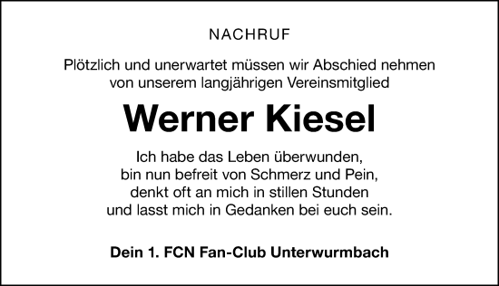 Traueranzeige von Werner Kiesel von Altmühl-Bote Lokal