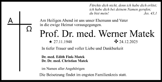 Traueranzeige von Werner Matek von Gesamtausgabe Nürnberger Nachrichten/ Nürnberger Ztg.