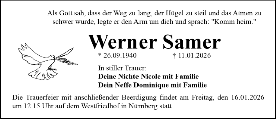 Traueranzeige von Werner Samer von Gesamtausgabe Nürnberger Nachrichten/ Nürnberger Ztg.