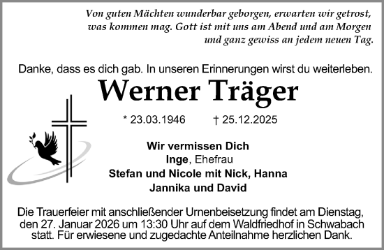 Traueranzeige von Werner Träger von Schwabacher Tagblatt Lokal