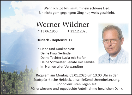 Traueranzeige von Werner Wildner von Roth-Hilpoltsteiner Volkszeitung Lokal