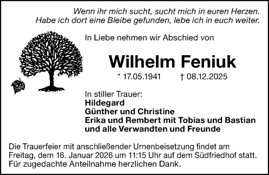 Traueranzeige von Wilhelm Feniuk von Gesamtausgabe Nürnberger Nachrichten/ Nürnberger Ztg.