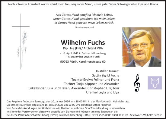 Traueranzeige von Wilhelm Fuchs von Gesamtausgabe Nürnberger Nachrichten/ Nürnberger Ztg.