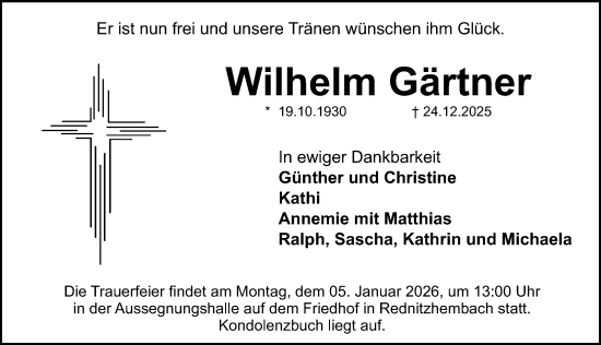 Traueranzeige von Wilhelm Gärtner von Schwabacher Tagblatt Lokal