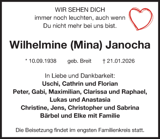 Traueranzeige von Wilhelmine Janocha von Fürther Nachrichten Lokal
