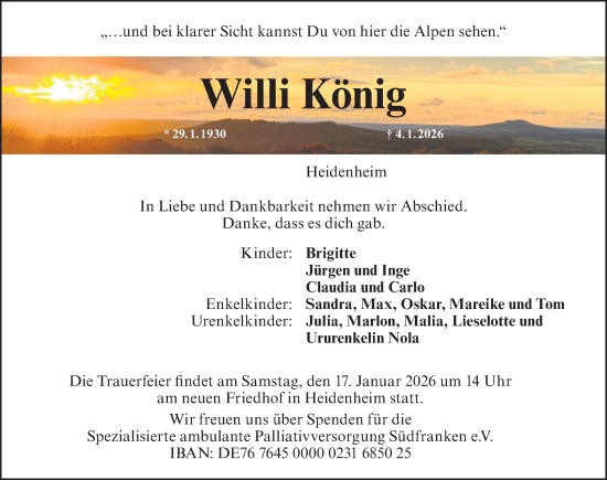 Traueranzeige von Willi König von Altmühl-Bote Lokal