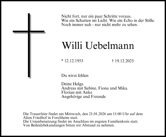 Traueranzeige von Willi Uebelmann von Nordbayerische Nachrichten Forchheim Lokal