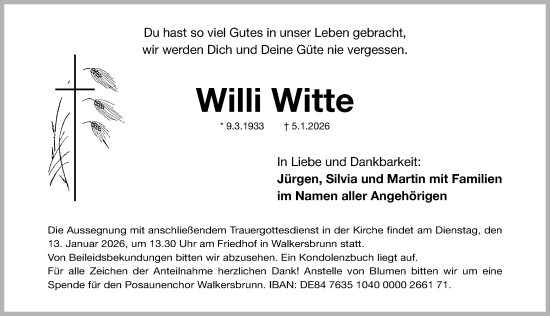 Traueranzeige von Willi Witte von Nordbayerische Nachrichten Forchheim Lokal