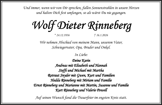 Traueranzeige von Wolf Dieter Rinneberg von Gesamtausgabe Nürnberger Nachrichten/ Nürnberger Ztg.