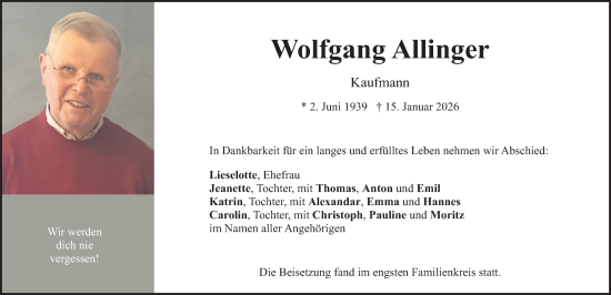 Traueranzeige von Wolfgang Allinger von Neumarkter Nachrichten Lokal
