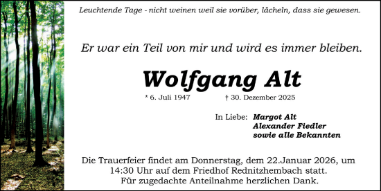 Traueranzeige von Wolfgang Alt von Schwabacher Tagblatt Lokal