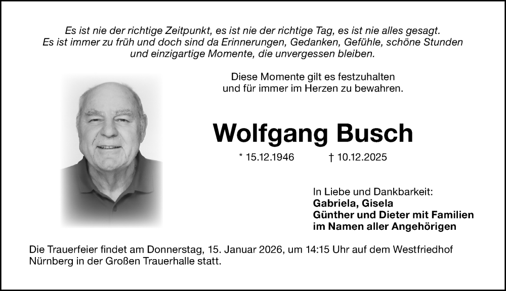  Traueranzeige für Wolfgang Busch vom 03.01.2026 aus Gesamtausgabe Nürnberger Nachrichten/ Nürnberger Ztg.