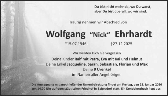 Traueranzeige von Wolfgang Ehrhardt von Erlanger Nachrichten Lokal