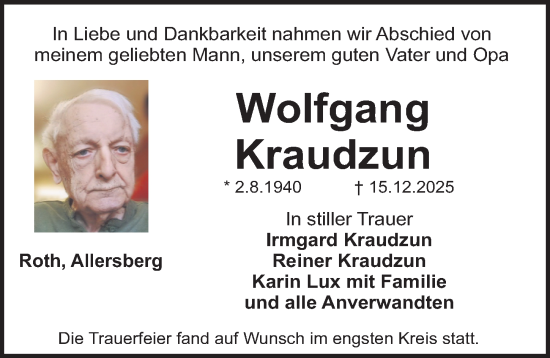 Traueranzeige von Wolfgang Kraudzun von Roth-Hilpoltsteiner Volkszeitung Lokal