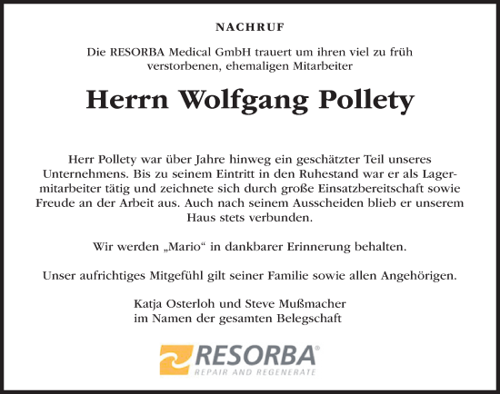 Traueranzeige von Wolfgang Pollety von Gesamtausgabe Nürnberger Nachrichten/ Nürnberger Ztg.