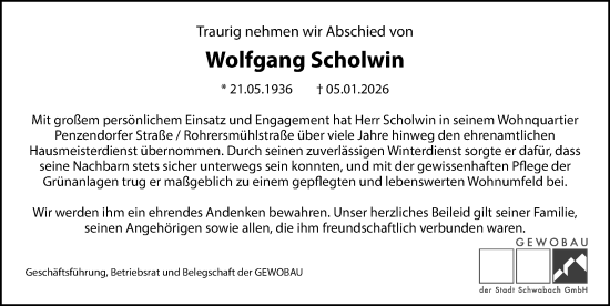 Traueranzeige von Wolfgang Scholwin von Schwabacher Tagblatt Lokal