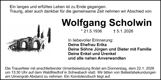 Traueranzeige von Wolfgang Scholwin von Schwabacher Tagblatt Lokal