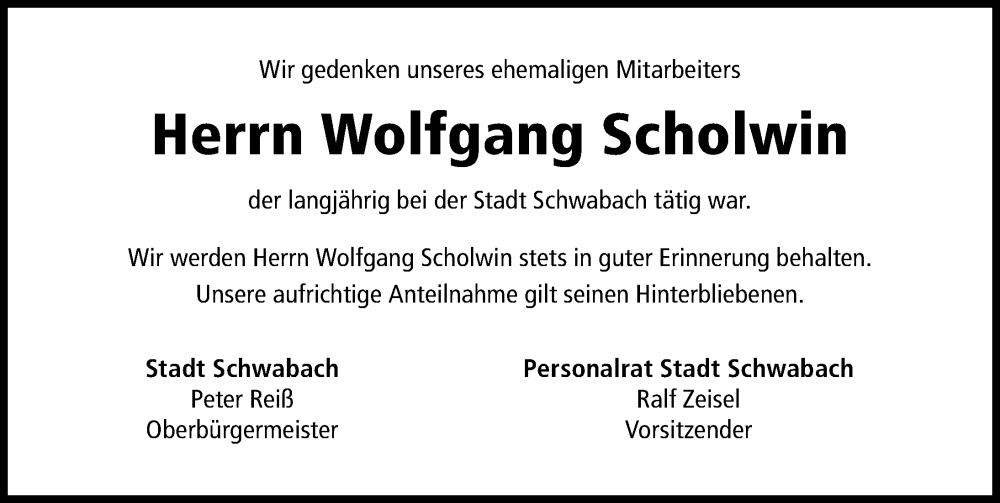  Traueranzeige für Wolfgang Scholwin vom 28.01.2026 aus Schwabacher Tagblatt Lokal