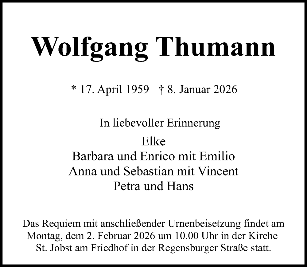  Traueranzeige für Wolfgang Thumann vom 28.01.2026 aus Neumarkter Nachrichten Lokal