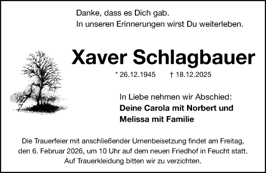Traueranzeige von Xaver Schlagbauer von Schwabacher Tagblatt Lokal
