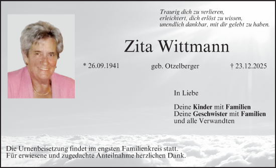 Traueranzeige von Zita Wittmann von Nordbayerische Nachrichten Forchheim Lokal
