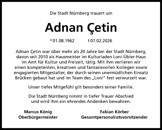 Traueranzeige von Adnan Cetin von Gesamtausgabe Nürnberger Nachrichten/ Nürnberger Ztg.