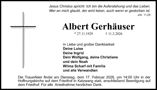 Traueranzeige von Albert Gerhäuser von Gesamtausgabe Nürnberger Nachrichten/ Nürnberger Ztg.