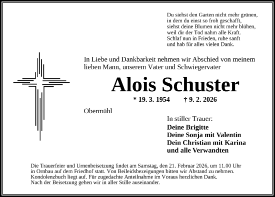 Traueranzeige von Alois Schuster von Altmühl-Bote Lokal