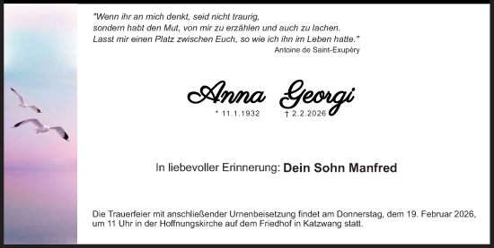 Traueranzeige von Anna Georgi von Gesamtausgabe Nürnberger Nachrichten/ Nürnberger Ztg.