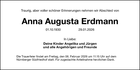 Traueranzeige von Anna Augusta Erdmann von Gesamtausgabe Nürnberger Nachrichten/ Nürnberger Ztg.