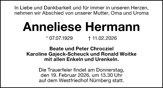 Traueranzeige von Anneliese Hermann von Gesamtausgabe Nürnberger Nachrichten/ Nürnberger Ztg.