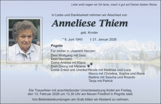 Traueranzeige von Anneliese Thiem von Nordbayerische Nachrichten Pegnitz Lokal
