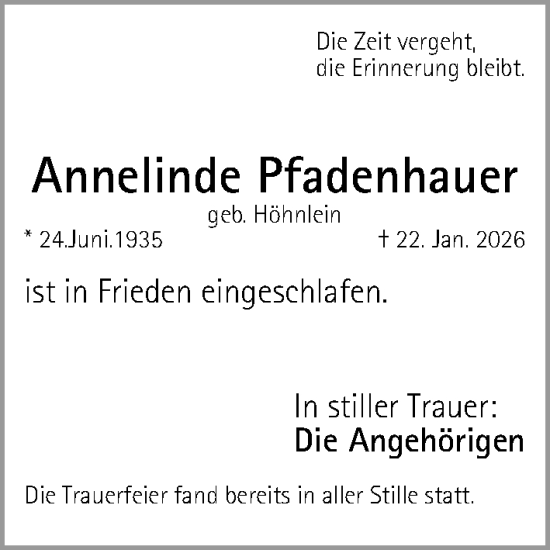 Traueranzeige von Annelinde Pfadenhauer von Nordbayer. Nachrichten Forchheim/ Gesamtausgabe Nürnberger Nachrichten/ Nürnberger Ztg.
