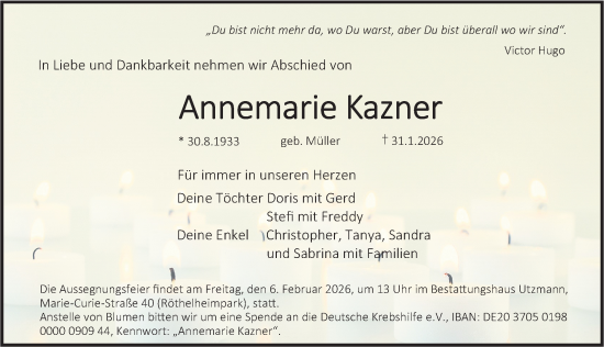 Traueranzeige von Annemarie Kazner von Erlanger Nachrichten Lokal