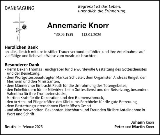 Traueranzeige von Annemarie Knorr von Nordbayerische Nachrichten Forchheim Lokal