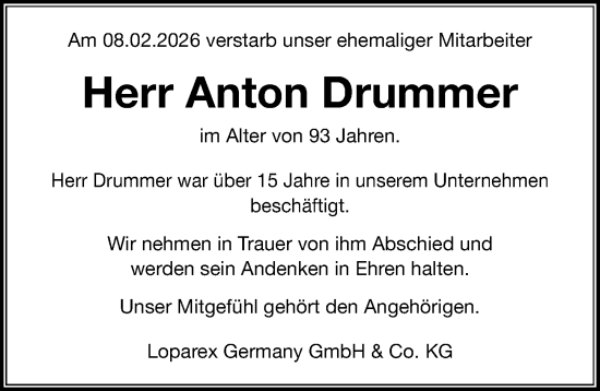 Traueranzeige von Anton Drummer von Nordbayerische Nachrichten Forchheim Lokal