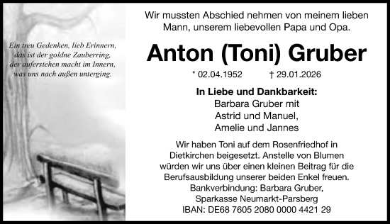 Traueranzeige von Anton Gruber von Neumarkter Nachrichten Lokal