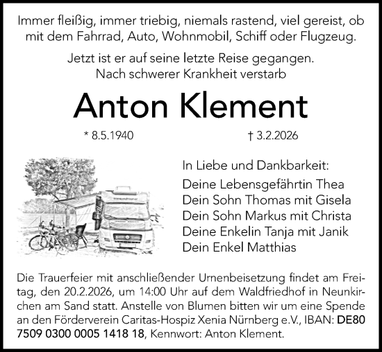 Traueranzeige von Anton Klement von Gesamtausgabe Nürnberger Nachrichten/ Nürnberger Ztg.