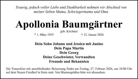Traueranzeige von Apollonia Baumgärtner von Gesamtausgabe Nürnberger Nachrichten/ Nürnberger Ztg.