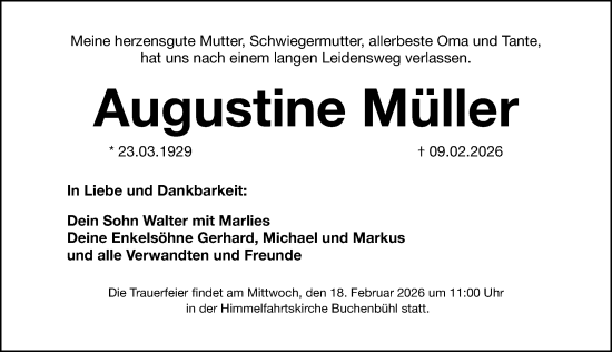 Traueranzeige von Augustine Müller von Gesamtausgabe Nürnberger Nachrichten/ Nürnberger Ztg.