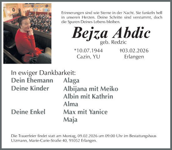 Traueranzeige von Bejza Abdic von Erlanger Nachrichten Lokal
