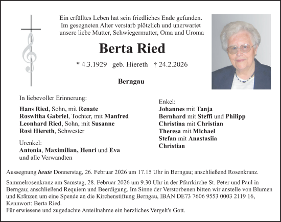 Traueranzeige von Berta Ried von Neumarkter Nachrichten Lokal