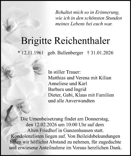 Traueranzeige von Brigitte Reichenthaler von Altmühl-Bote Lokal